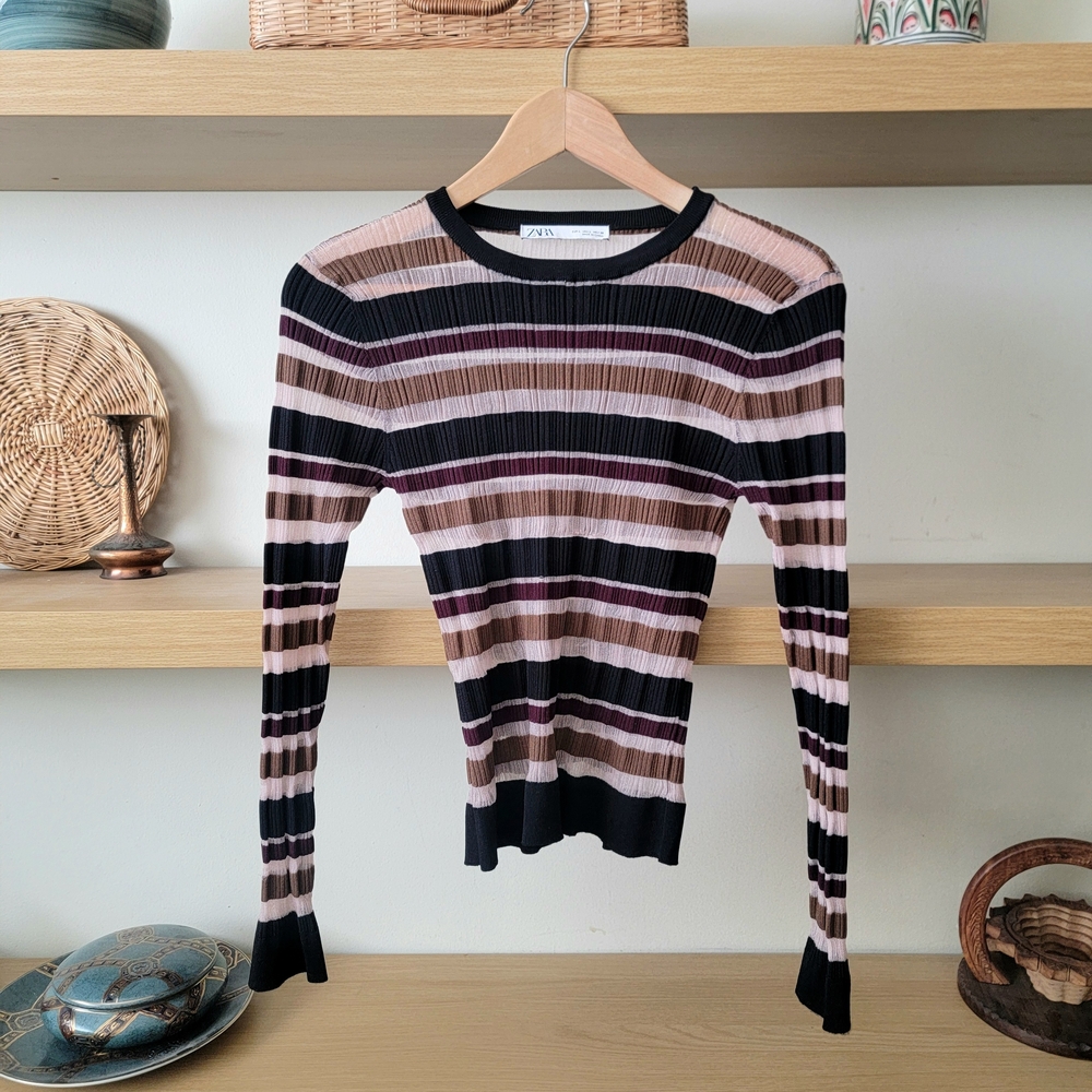 Zara Black, Pink & Brown Striped Ribbed Long Sleeve Tee